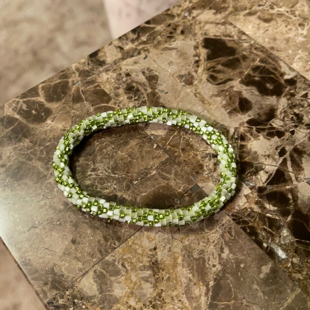 Beaded Silk Bracelet, Lime Green and White
